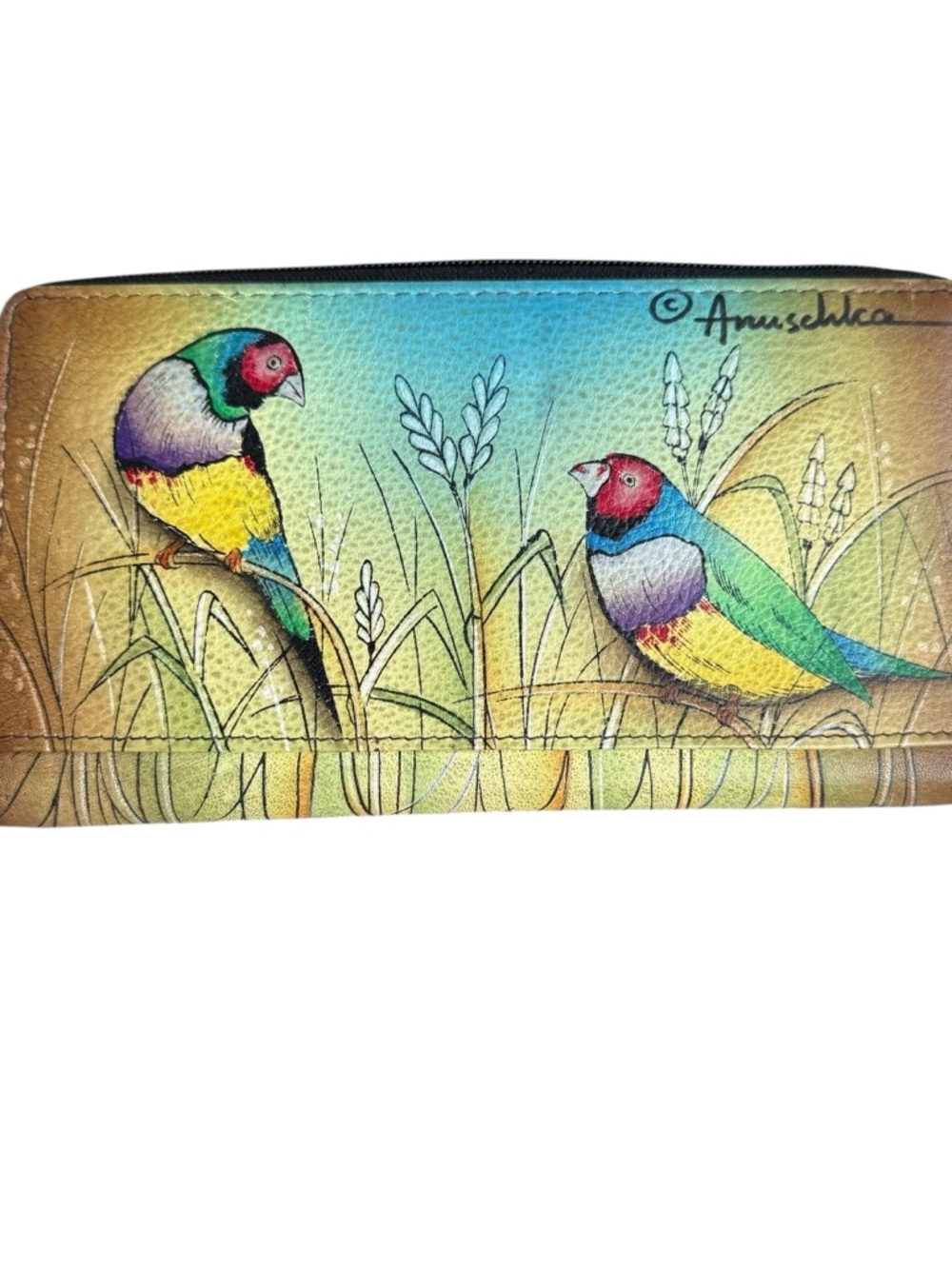 Anushka long wallet zip around compartment hand painted leather birds - Picture 2 of 5